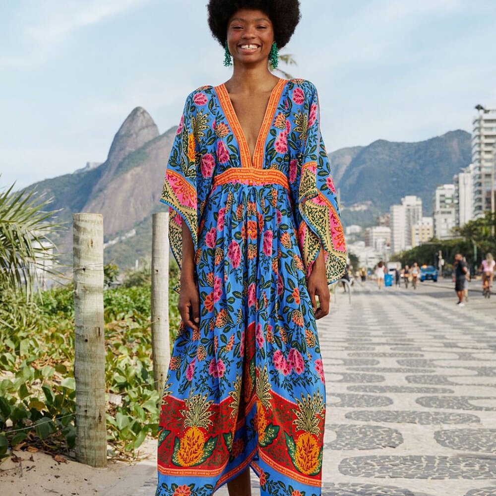 NWT Blue Pineapple Garden Kaftan Maxi Dress